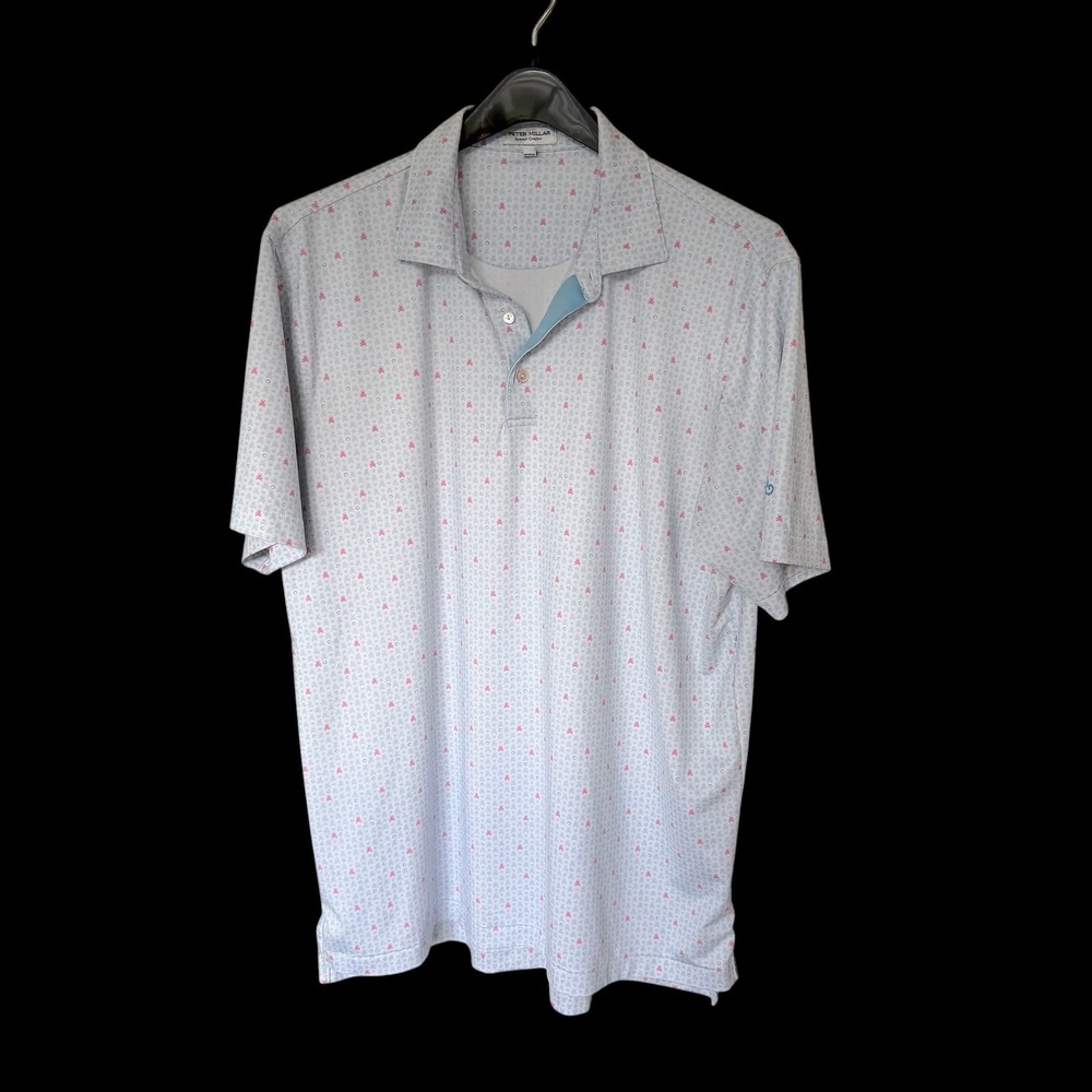 Peter Millar Summer Comfort Polo Shirt Large Blue Pink‎ Skull Crossbones Golf